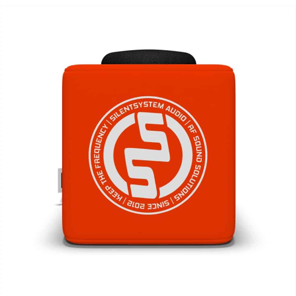 Orangefarbene Catchbox mit dem runden Silentsystem-Logo